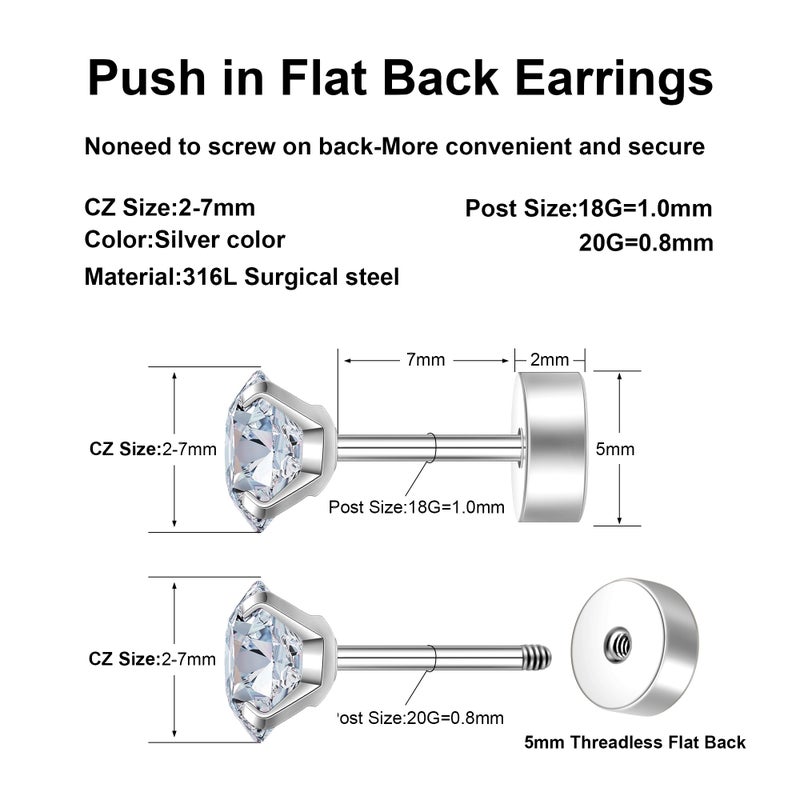 Monily Flat Back Stud Earrings for Women Cartilage Earrings Surgical Steel Earrings CZ Studs 6 Pairs 18G - Image 4
